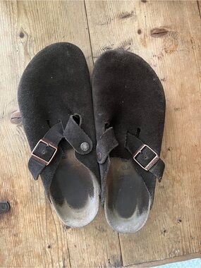 Birkenstock Kids Dark Brown Suede Slip-On Clog Sandals with Buckles